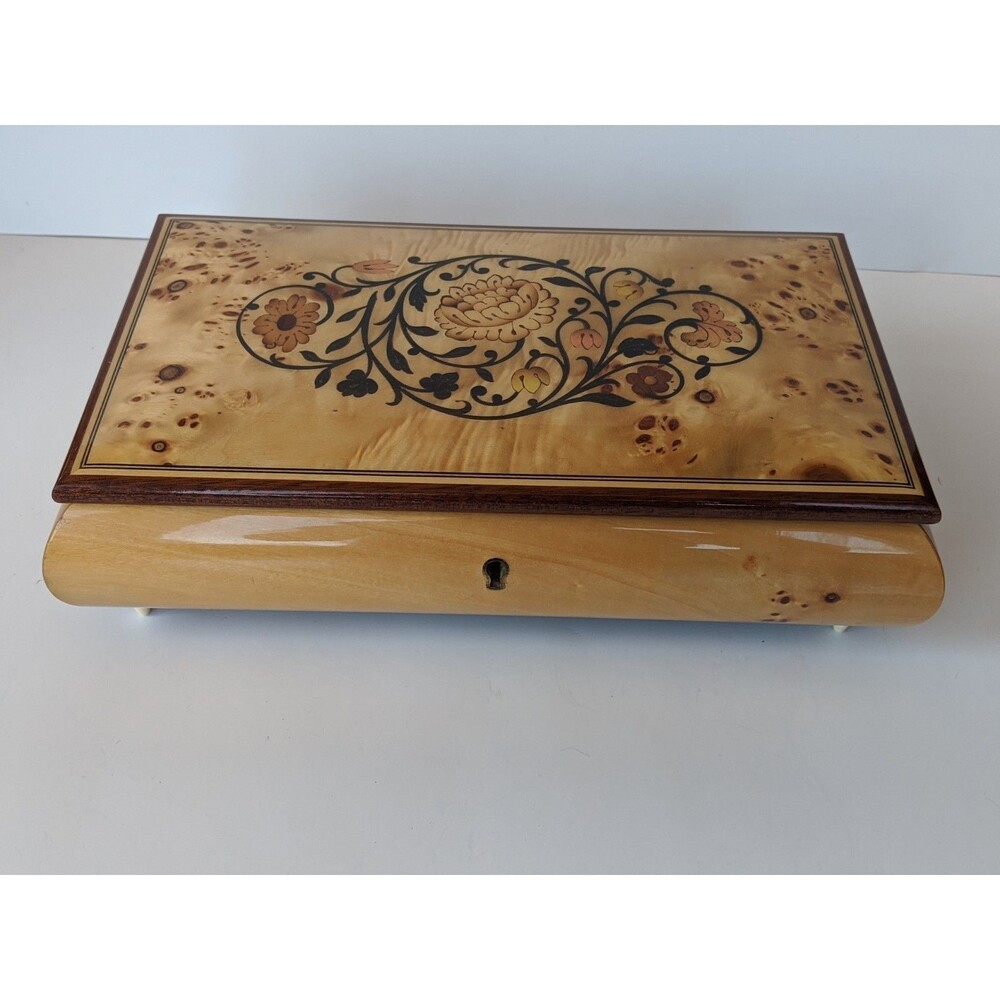 Vtg Reuge Musiceerk Inlaid Wood Music Jewelry Trinket Box 6.5x10 Made In Italy